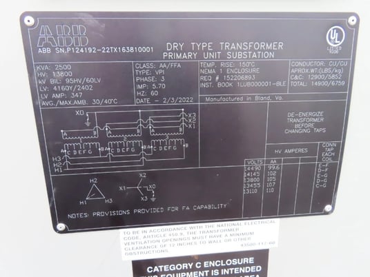 2500 KVA 13800x4160Y Primary, 2402 Secondary, ABB, Dry Type Transformer Copper - Image 2