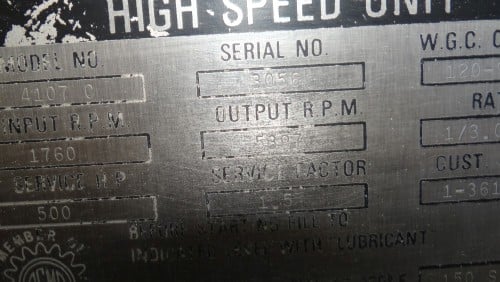 500 HP @ 1760 RPM, Western #4107C, 5397 RPM out, 3.06 :1 ratio, 1.50 service factor - Image 2