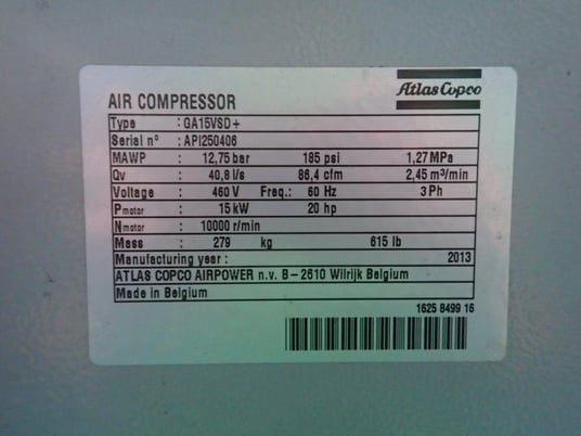 20 HP, Atlas Copco #GA15VSD+, Rotary Screw Air Compressor, 185 PSI, 460 V., 2013 - Image 6