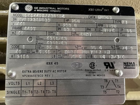 250 HP 1200 RPM General Electric, Frame 449T, TEFC BB, 460 Volts, New - Image 3