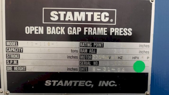 121 Ton, Stamtec #G1-110-S, Gap Frame Press, 7.09" stroke, 13.78" shut height, 3.15" ram adjustment, 30-60 - Image 4