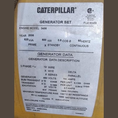 500 KW Caterpillar #3456, Diesel Generator, 480 Volt, 1800 RPM, 5624 hours, 2006 - Image 4