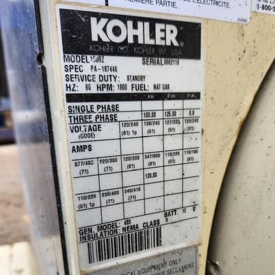 100 KW Kohler #100RZ, natural gas generator set, standby, open skid, 1800 RPM, 347/600 Volts, 120 Amps, 60 - Image 5