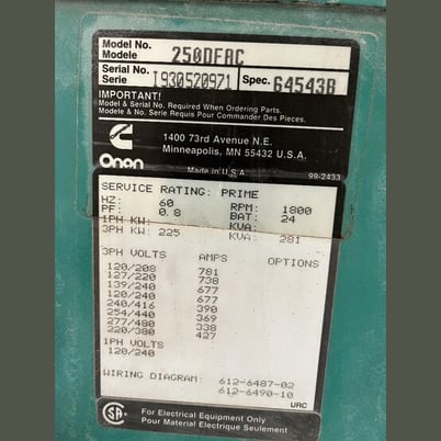 225 KW Cummins Onan #250DFAC, diesel generator set, prime, enclosed/semi-trailer, 1800 RPM, 480 Volts - Image 2