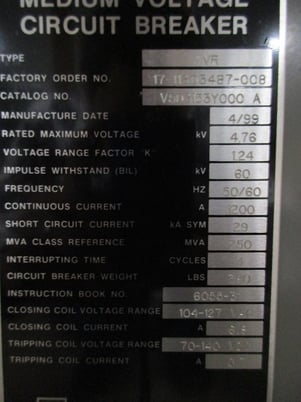1200 Amps, Square D, VR, V5D3153Y000A, 4.76 KV - Image 2