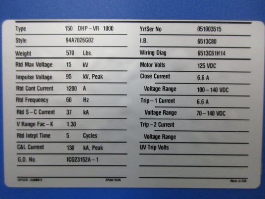 1200 Amps, Cutler-Hammer, 150DHP-VR1000, 125 VDC - Image 2