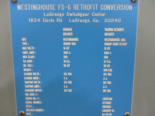 1200 Amps, Westinghouse, -150dhp- 500u-sf6vrf, 125 VDC - Image 2