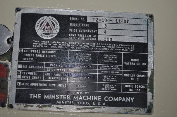 100 Ton, Minster #P2-100, straight side double crank press, 3" stroke, 16" Shut Height, 4" adj., 100-300 SPM - Image 4
