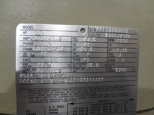 350 HP 1800 RPM General Electric, Frame L5013VP24, VSS, vertical solid shaft, TEFC, new, 2300/4160 Volts (2 - Image 1