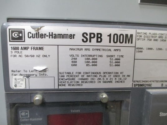 1600 Amps, Cutler-Hammer C-H, SPBMR316C, 3W, 600V, RMS910 trip, LSG, aux switch, shunt, electrically - Image 2