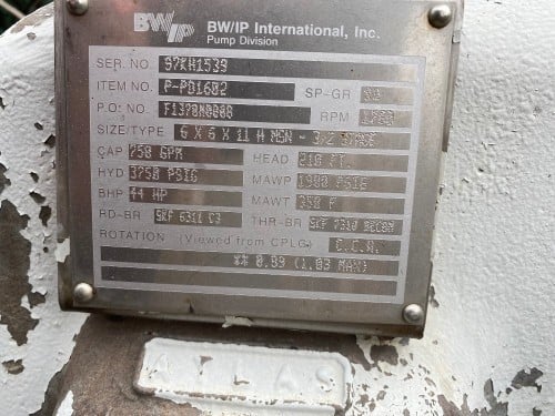 1500 GPM @ 1260' TDH, United, 6X6X11 MSNH, 3 STG (SS), 3560 RPM, #2842 - Image 1
