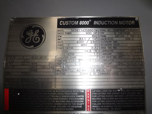 600 HP 900 RPM General Electric, Frame 5809S/5810S, BBTEFC, New, 2300/4000 Volts - Image 1