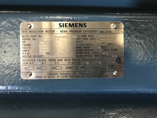 Image 3 for 350 HP 1800 RPM Siemens, Frame 449T, TEFC, BB, new, 2300/4000 V.(2 available)