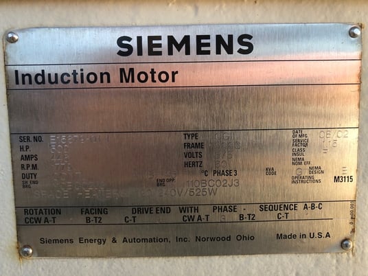 Image 2 for 500 HP 1779 RPM Siemens, Frame 500, weather protected enclosure type 2, BB, 575 Volts