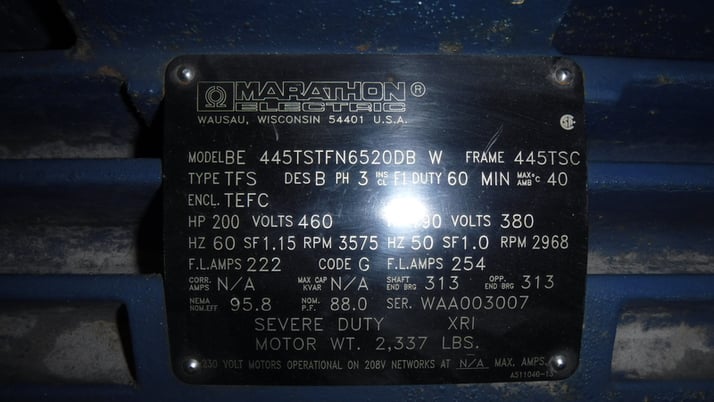 Image 3 for 200 HP 3600 RPM Marathon, Frame 445TSC, TEFC BB, new surplus, 460V.