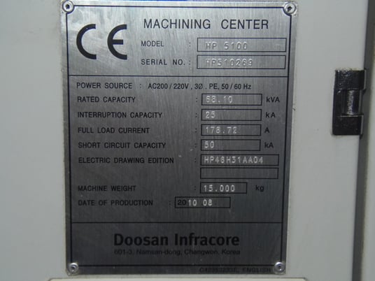 Image 8 for Daewoo Doosan #HP5100, 33.5" X, 27.6" Y, 29.5" Z, 19.7" pallets, 60 automatic tool changer, 12000 RPM, Fanuc 3li, 2010
