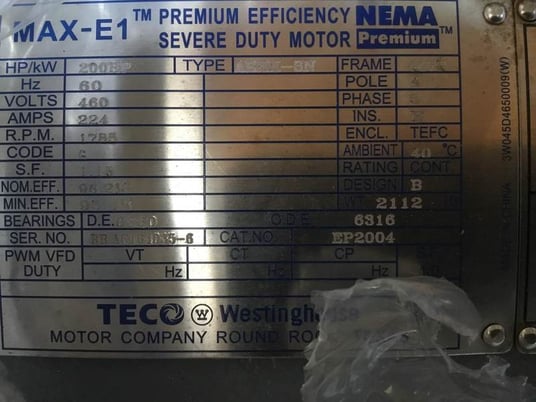 Image 2 for 200 HP 1800 RPM Teco, Frame 447T, TEFC, 460 Volts, EP2004