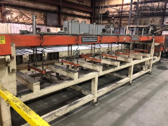 Image 4 for 10 Stand, Bradbury Duplex complete rollform line, 20000 lb., 20"-24" ID, 72" OD, L to R, 150 FPM, entry L type coil car, uncoiler with hold down roll, entry pinch rolls, 5 roll straightener, downlayer, exit conveyor