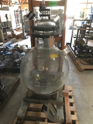 Image 1 for 30 gallon Round Bottom Glass Flask, Duran, 120 liter 120000 ML, 2' diameter, (2) 2" connections, 2" bottom outlet, dome top