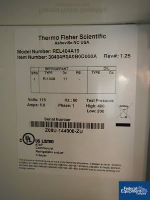 Image 7 for Thermo Scientific Thermo Fisher Scientific #REL404A19, 4.9' cu.ft.Revco hi-performance lab refrigerator, 115V., s/n #Z08U-144908-ZU, #42085
