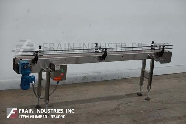 Image 1 for 4-1/2" wide x 10' long, Bmi / Benda Mfg BMI / Benda table top conveyor, mounted on 4 leg Stainless Steel leg frame with leveling pads