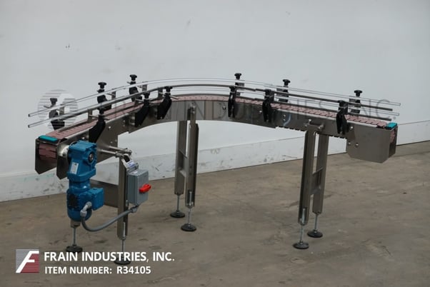 Image 1 for 4-1/2" wide x 8.9' long, BMI, table top Stainless Steel conveyor, 90 degree turn, 1/2 HP drive, 30"-37" infeed discharge height