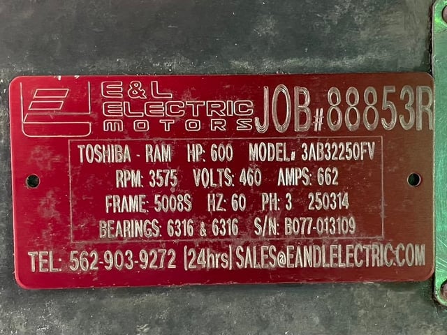 600 HP 3600 RPM Toshiba, Frame 5008S, Drip-Proof Ball Bearing, 460 Volts - Image 4
