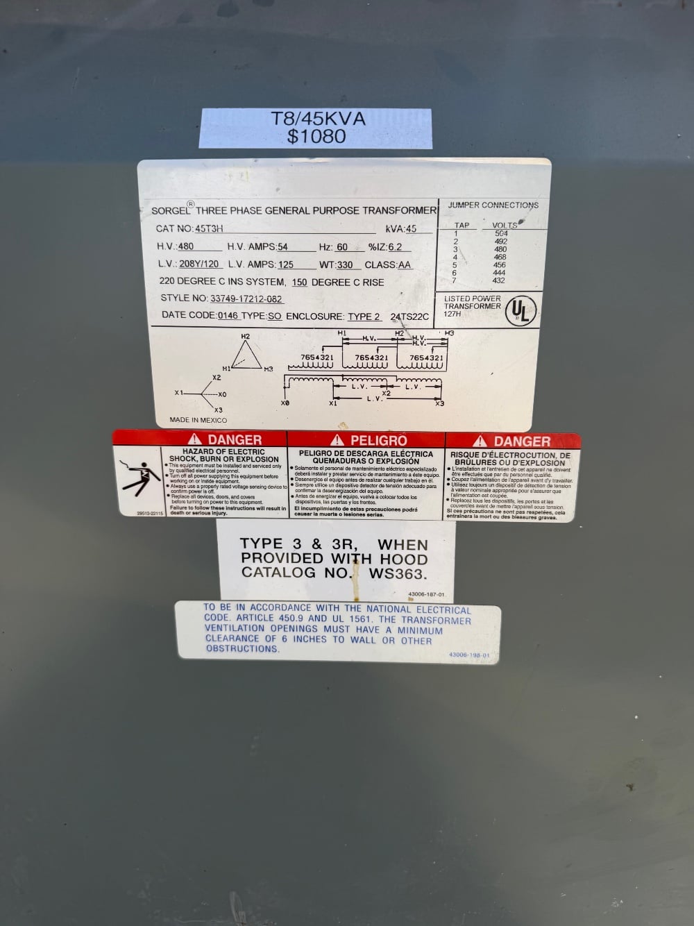 45 KVA 480 Primary, 208Y/120 Secondary, Square D / Square D / Sorgel - Image 7