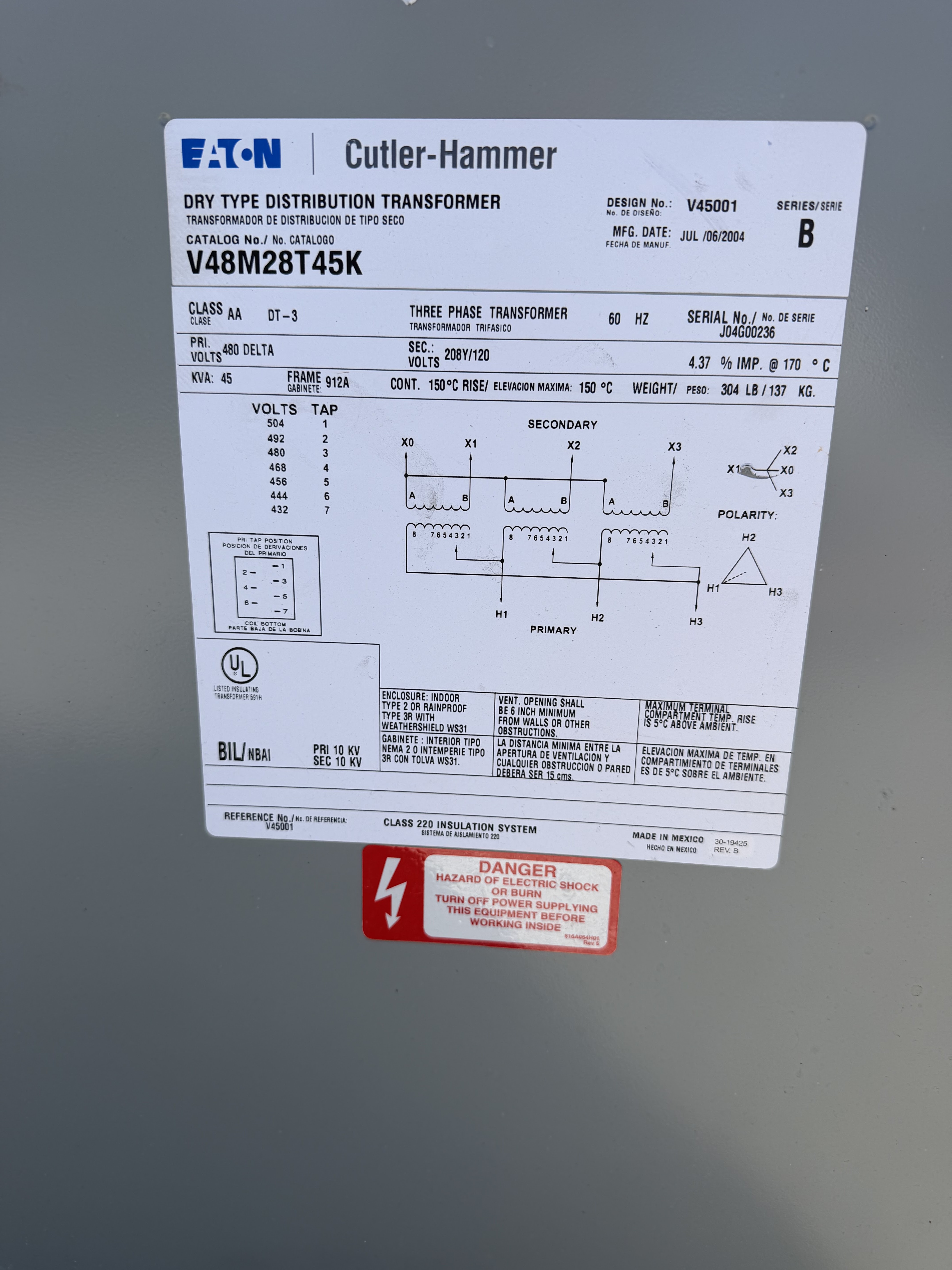 45 KVA 480 Delta Primary, 208Y/120 Secondary, Eaton Eaton Cutler-Hammer #V48M28T45K, Dry Type Transformer, 3 - Image 3