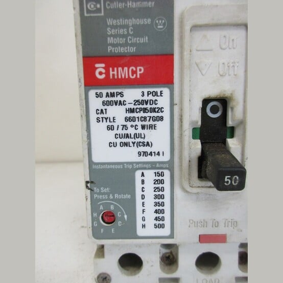 50 Amps, Cutler-Hammer #HMCP050K2C, HMCP Breaker, 3-pole, 600 VAC/250 VDC, 150-500A adjustable instantaneous - Image 2