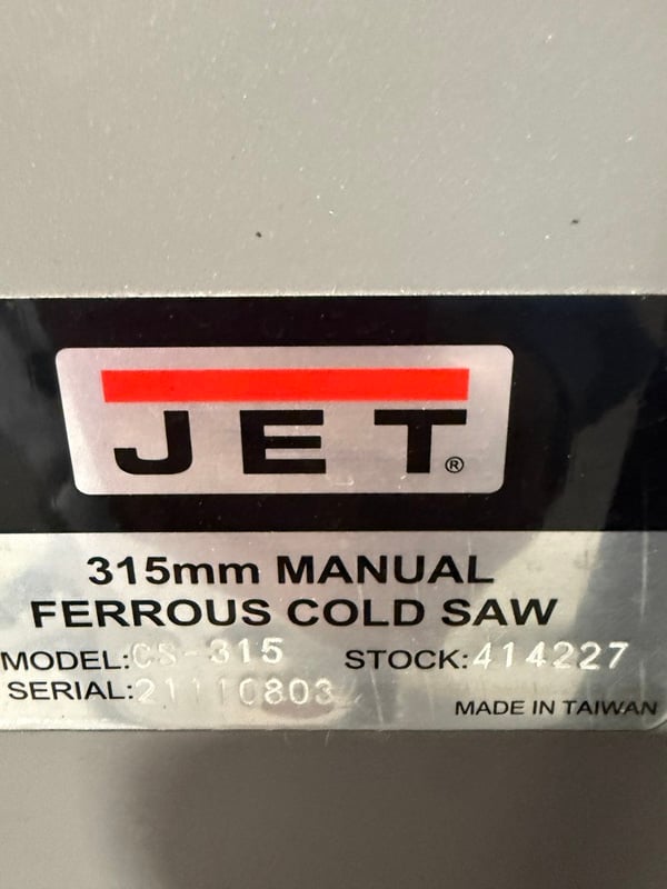 3-1/2" JET #CS-315, manual ferrous cold saw, 4-11/16" vise opening, 3-1/8" x 3-1/8" square at 90&deg;, 2 HP, 230 - Image 5