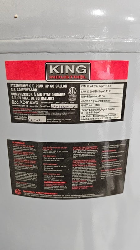 11.2 cfm, 150 psi, King #KC-6160V3, Reciprocating Air Compressor, 60 gallon vertical tank, cast iron - Image 2