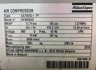Atlas Copco #GA75VSD-FF, rotary screw air compressor - Image 3