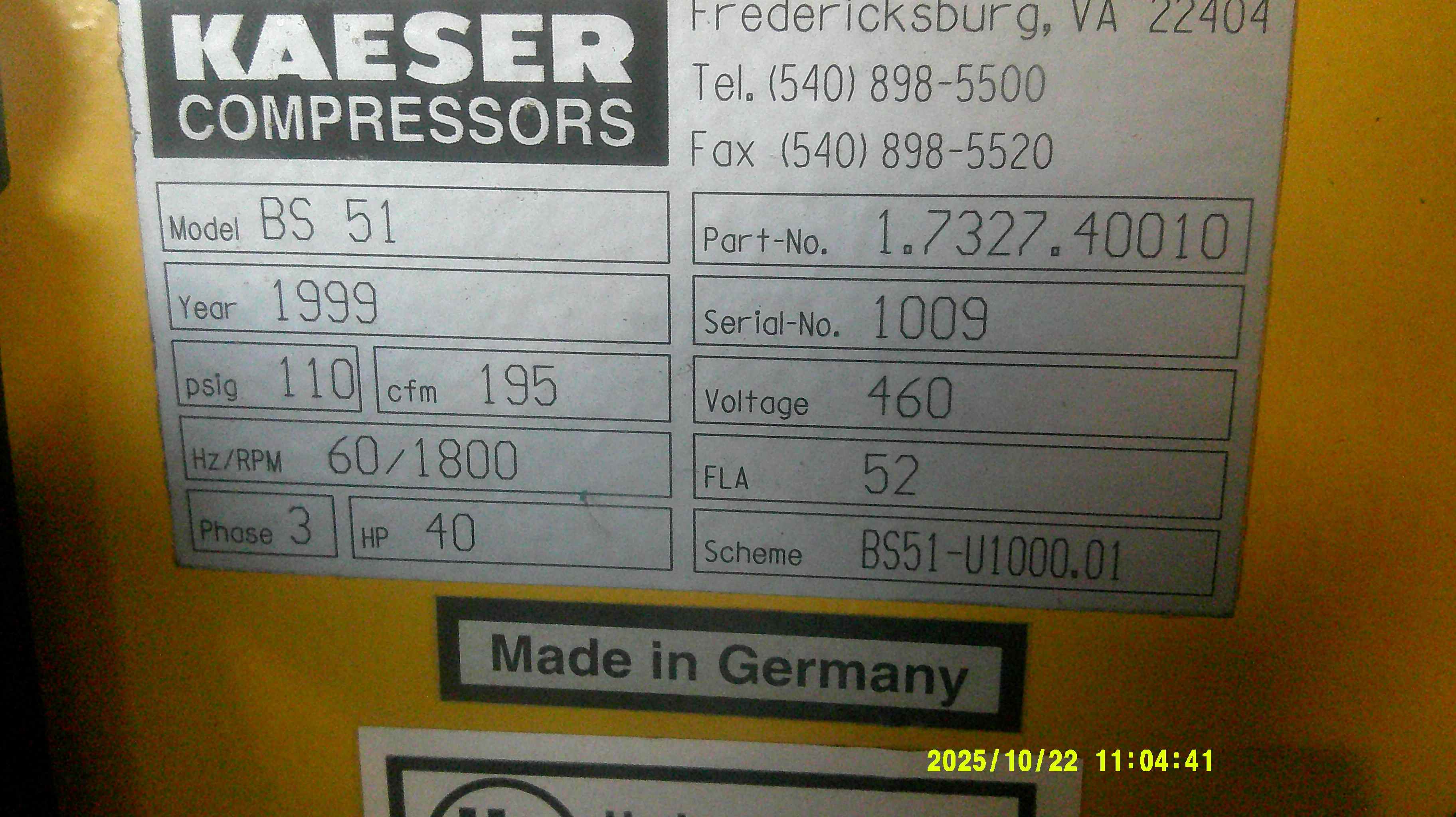 195 CFM, Kaeser #BS-51, rotary screw air compressor, 40 HP, 460 V., 3 Ph., 5947 hours, 1999 - Image 5