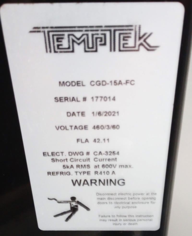 15 Ton, Temptek #GCD-15A-FC, air cooled portable chiller, 3 HP process pump, R-410A, 65 gallon reservoir, 460 - Image 3