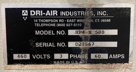 Dri-Aire #HP4-X-500, desiccant dryer, floor mount, 500 lb/hr, 3 HP Baldor, 460 V. - Image 2