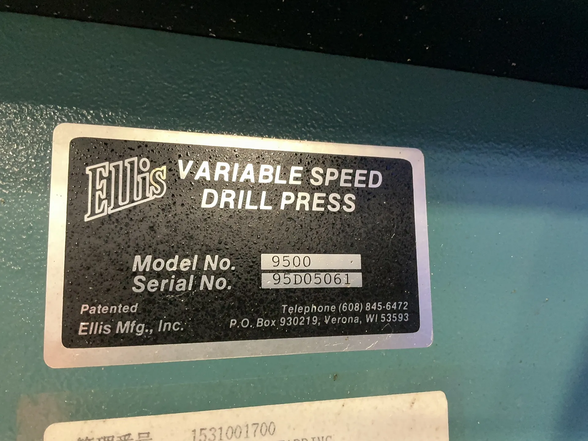 20" Ellis #9500, drill press, 13" x 15" table, 1-1/2 HP, 1720 RPM, 5.3 A, 230 V. - Image 2