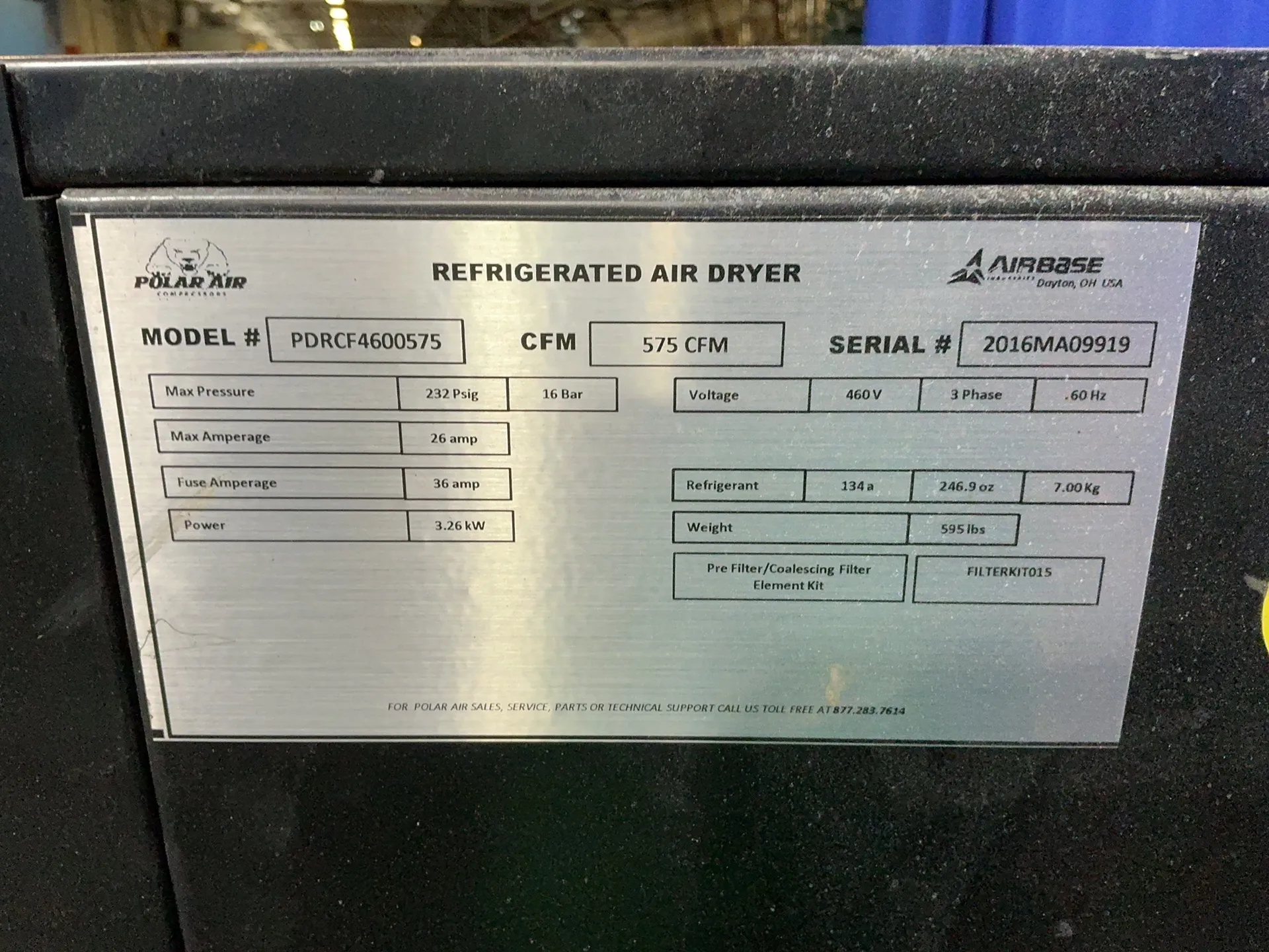 575 CFM, 232 PSIG, Polar Air #PDRCF4600575, refrigerated air dryer, R-134A, 3.26 KW, 460 V. - Image 5