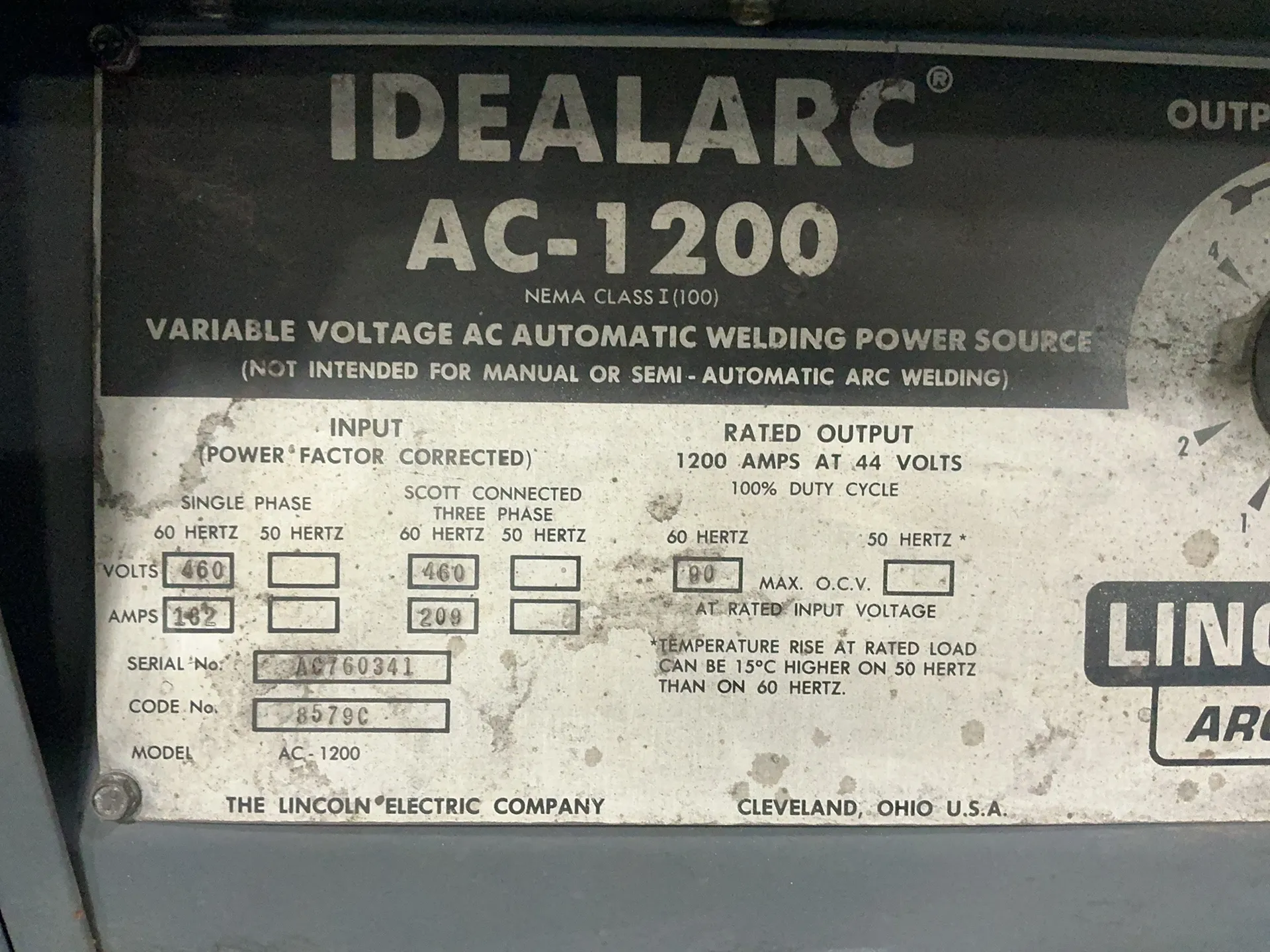 1200 Amps, Lincoln Electric #IDEALARC-AC-1200, welder, 90 max. OCV, 162/209 A, cables, 460 V. - Image 5