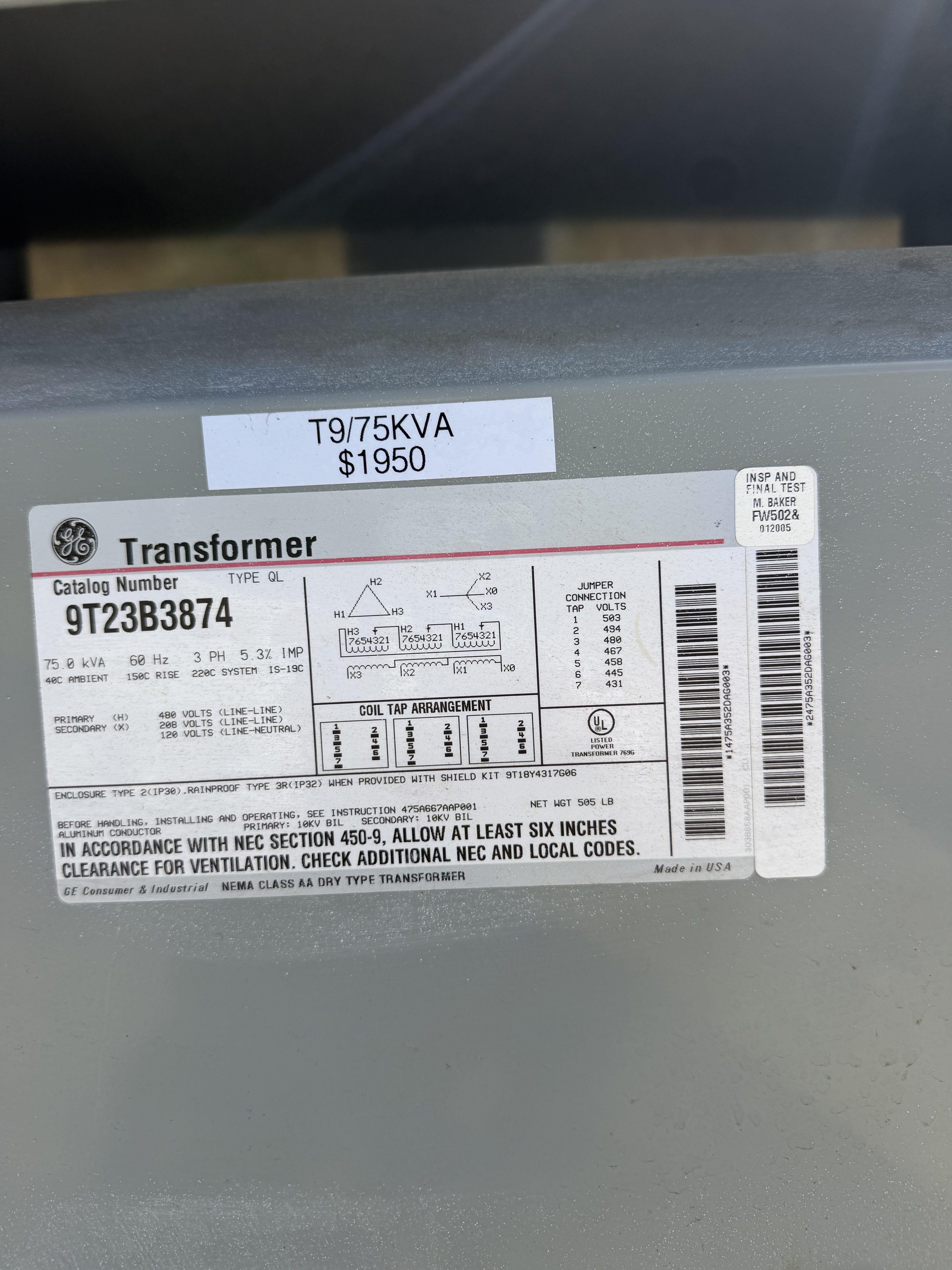 75 KVA 480 Primary, 208Y/120 Secondary, General Electric #9T23B3874, Type QL Dry Type Transformer, 3 Phase - Image 2