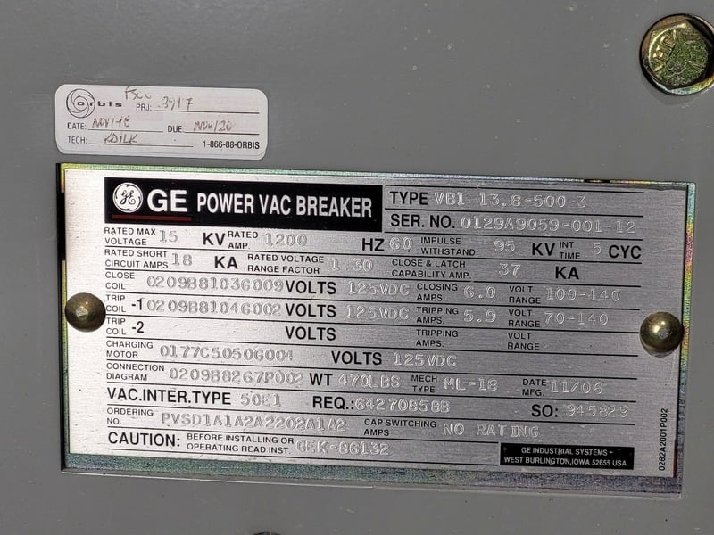 1200 Amps, General Electric PowerVac #VB1-13.8-500-3, medium voltage vacuum circuit, 15 KV, 60 Hz, 18 KA, 125 - Image 2