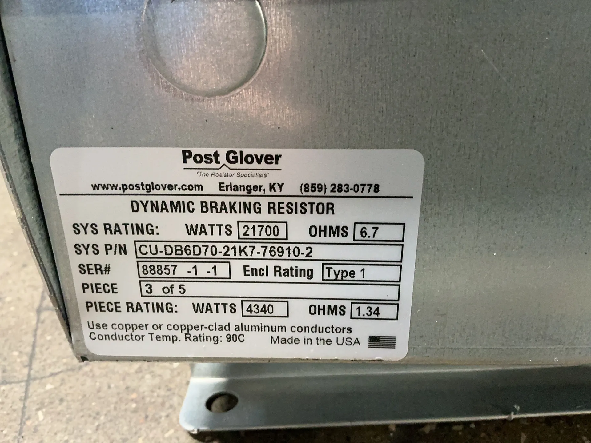Post Glover #CU-DB6D70-21K7-76910-2, Dynamic Braking Resistor, 4340 W - Image 2