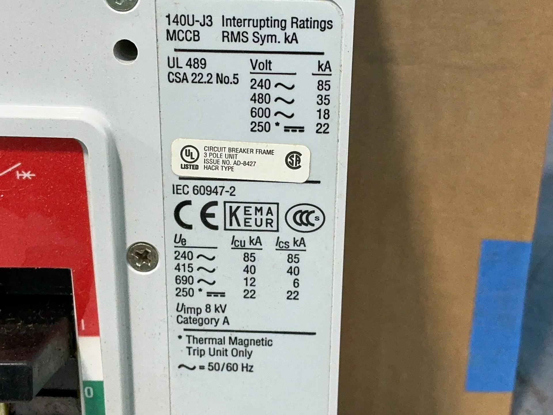 250 Amps, Allen-Bradley #140U-J3D3-D17, Series A molded case circuit breaker assembly, 3-pole, 35 KA @ 480 - Image 6