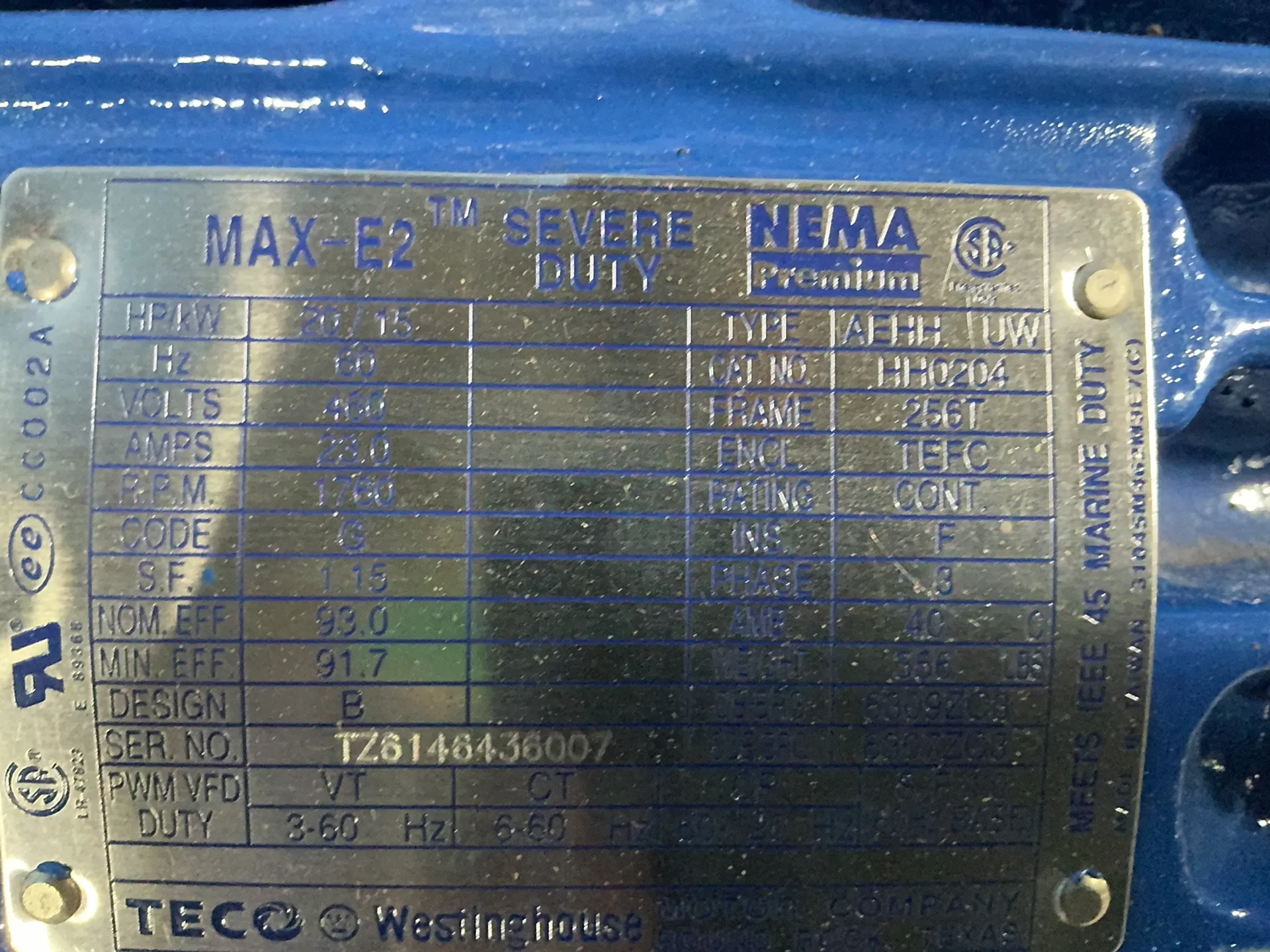 20 HP 1760 RPM Westinghouse #HH0204, Frame 256T, 23.0 A, 3 phase, 60 Hz, 460 Volts - Image 4