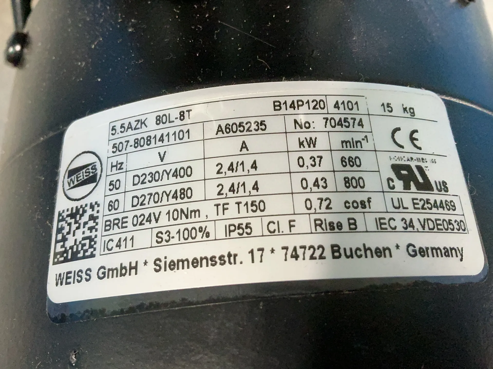 0.37/0.43 HP KW RPM 660/800 Weiss #5.5AZK-80L-8T (B14P120), brake motor, 2.4/1.4 Amps, Multi-Voltage, IP55 - Image 4