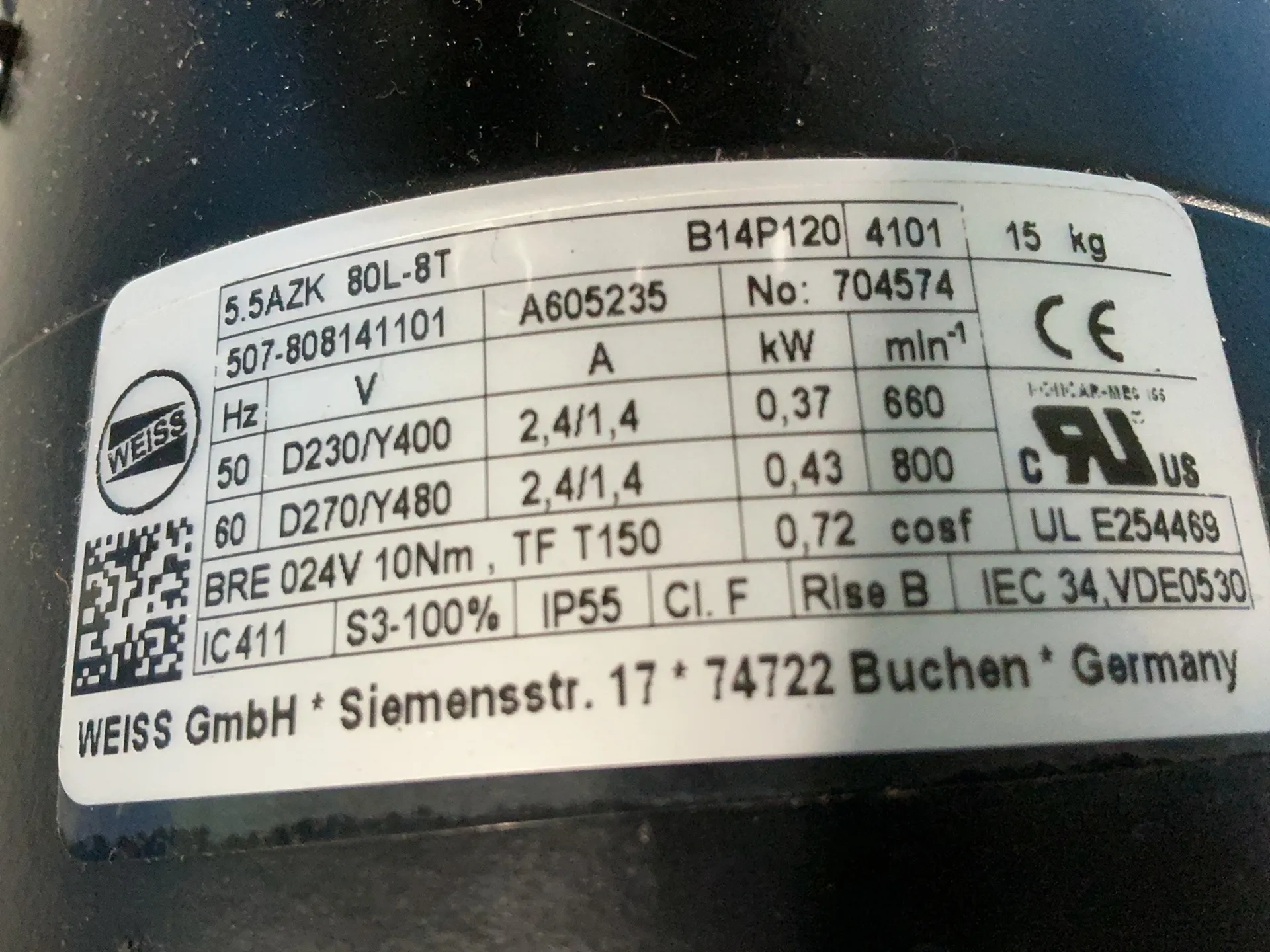 0.37/0.43 HP KW RPM 660/800 Weiss #5.5AZK-80L-8T (B14P120), brake motor, 2.4/1.4 Amps, Multi-Voltage, IP55 - Image 5