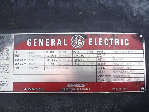 1250 HP 900 RPM General Electric, Frame 4674, DPFVBB, 500 VA, 300/150 VF - Image 2