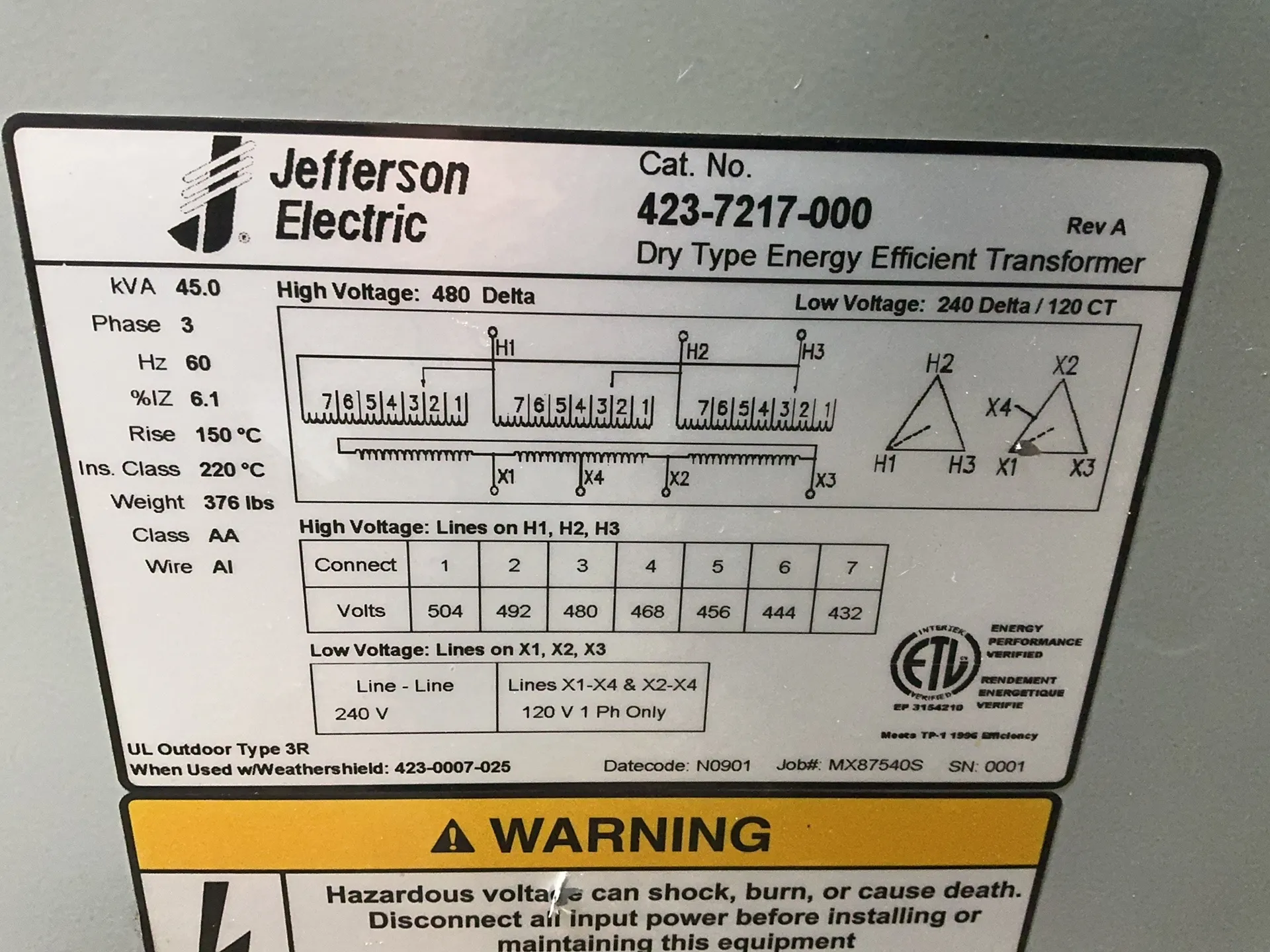 45 KVA 480 Primary, 240/120 Secondary, Jefferson Electric 423-7217-000, dry type energy efficient - Image 4