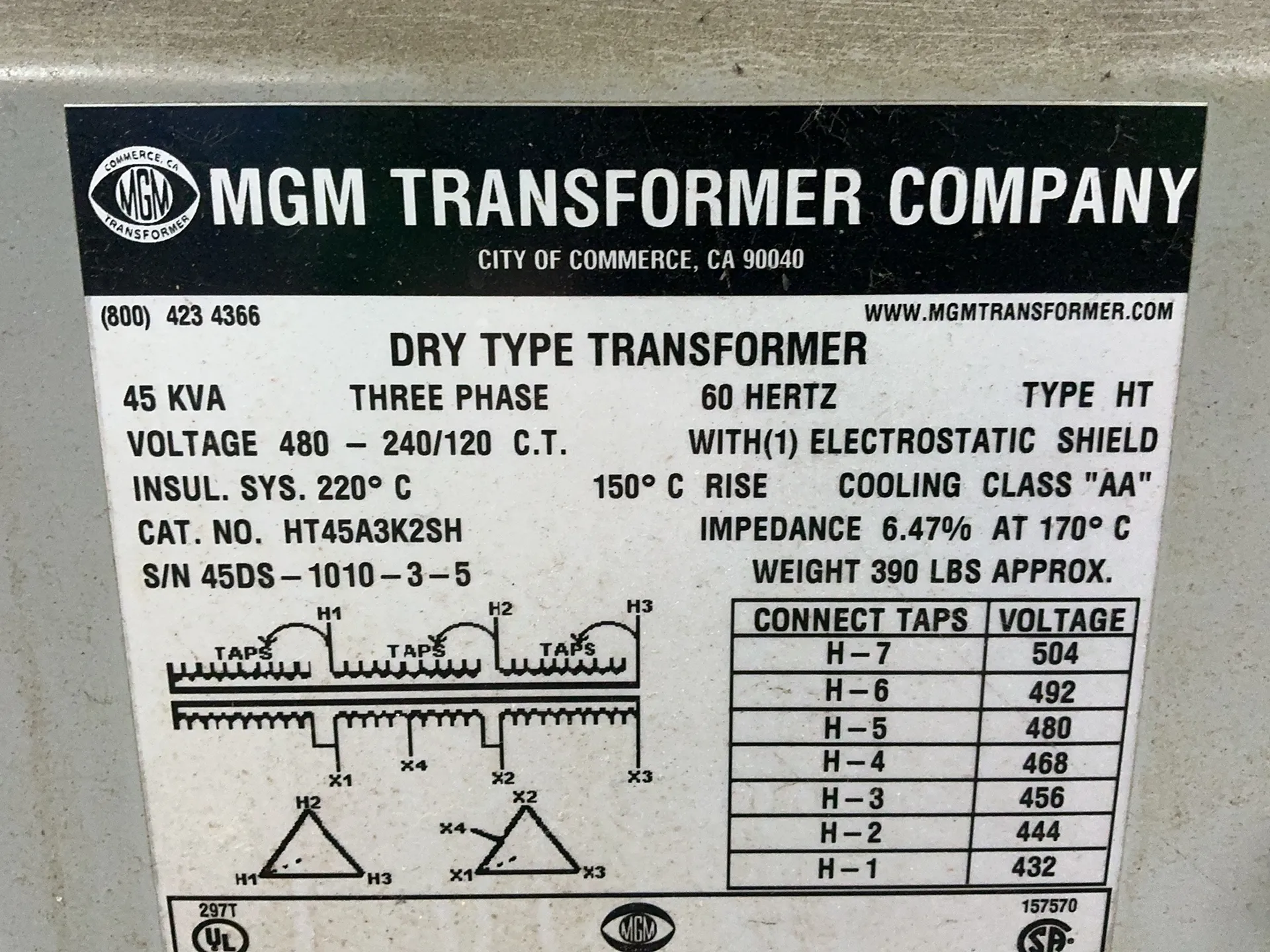 45 KVA 480 Primary, 240/120 Secondary, MGM HT45A3K2SH, dry type transformer, 3PH - Image 4