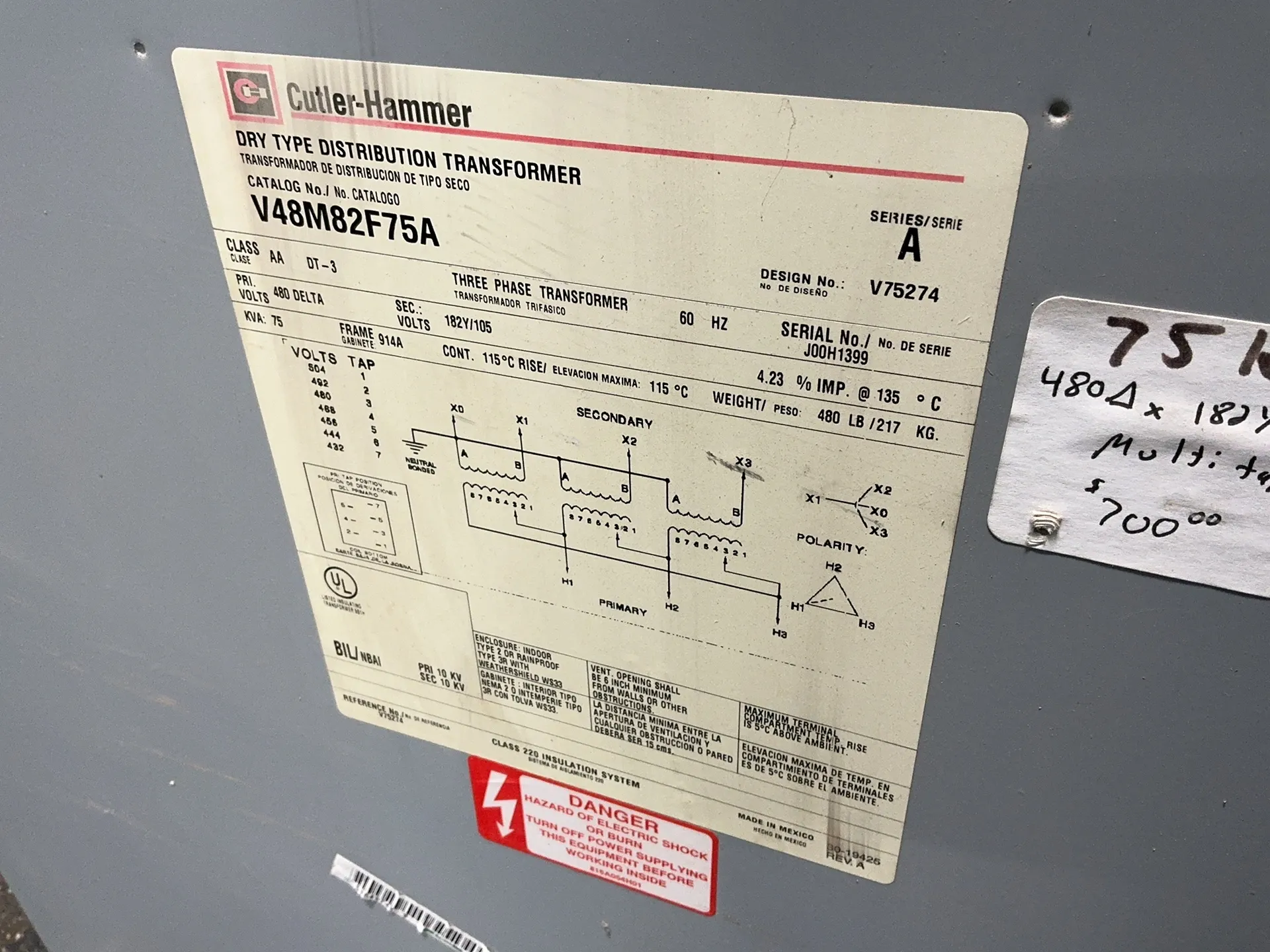 75 KVA 480 Primary, 182Y/105 Secondary, Cutler-Hammer V48M82F75A, dry type distribution transformer, indoor - Image 4